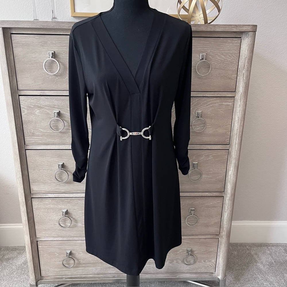 Alfani Black Dress Tunic Top A Line 3/4 Sleeve Silver Metal Waist Accent Sz M